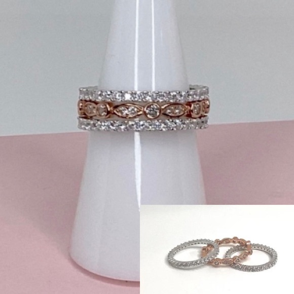 Sizes 4-10, 3 Pc Two Tone .925 Cz Eternity Band Ring Set - Picture 2 of 16